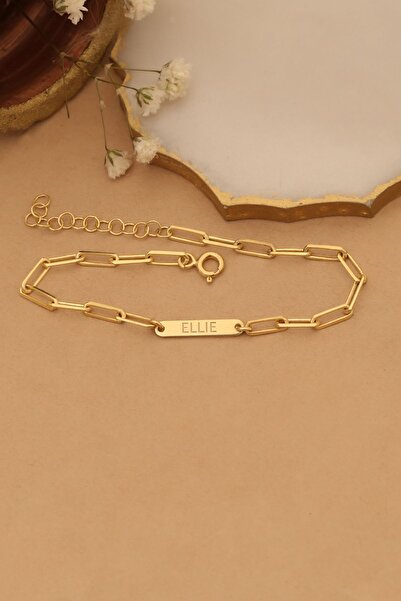 Nox Jewelry 925 Ayar Gümüş Kişiye Özel İsim Yazılı Ataç Bileklik Gold