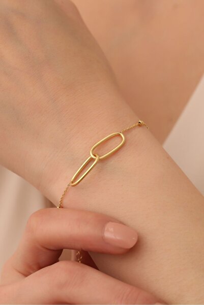 Nox Jewelry 925 Ayar Gümüş Çift Oval Halkalı Toplu Zincir Bileklik Gold-18-20