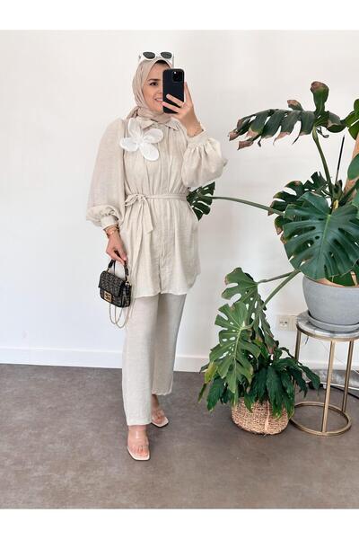 ASEL FASHİON Beige Color 100% Cotton Linen Brooch Set