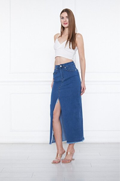 Siyah Kadın Koyu Mavi Önden Derin Yırtmaçlı Püsküllü Cepli Yüksek Bel Pamuklu...