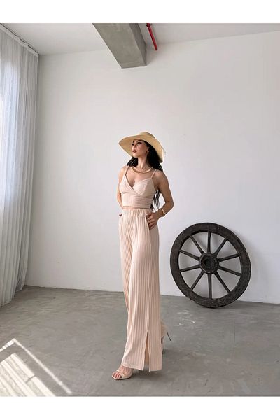Fav Style Cream Colored Women's Crop Blouse and High Waist Slit Pocket Pants Set - Strap V-Neck