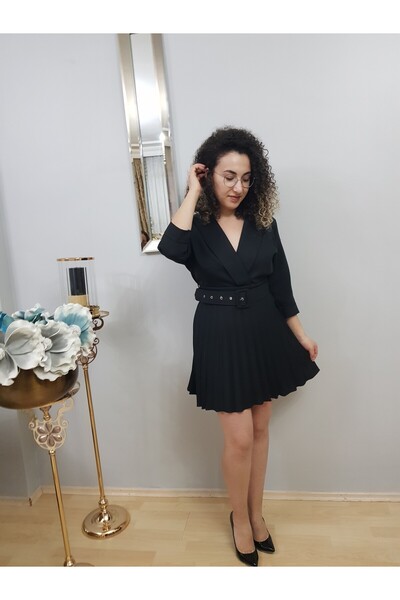 FERGAN KADIN SİYAH MİNİ KRUVAZE YAKA KEMERLİ PİLİSELİ ELBİSE