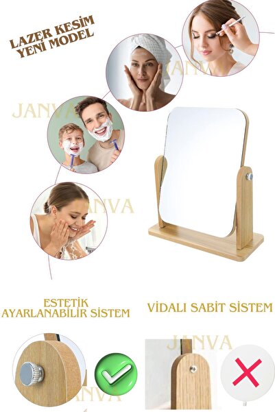 Janva El Aynası Masa Aynası Makyaj Aynası Ayarlanabilir Kare Makeup Mirror Ahşap