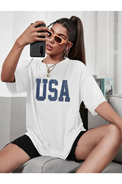 ONATLI Tricou alb oversize cu imprimeu SUA