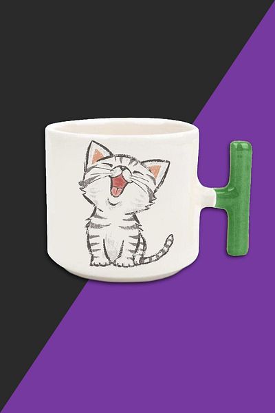 yhfoto Cute Cat - Cute Cat - Cream Color Latte Cup Mug - Green Handle