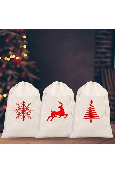 Florence Event Snowflake Deer Pine Tree Printed 100% Cotton Raw Cloth 3-Piece New Year's Gift Pouch Set