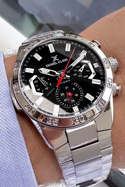Daniel Klein Waterproof Silver Men's Wrist Watch - Steel Cord and Gift Bracelet DKE2097C3