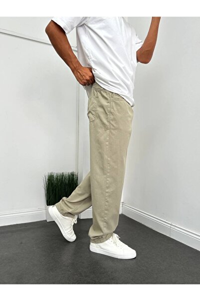 Genel Markalar Baggy Bej Renk Tansel Kumaş (ince kot) Bel Lastikli Rahat Kalıp Pantolon