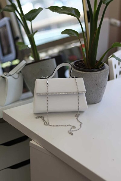 Moom Bag Geantă de umăr pentru rochie de seară pentru femei cu dungi din piatră din satin alb