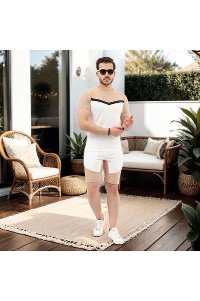 Fifty Color Unisex Συνδυασμός καλοκαιρινού σορτς και μπλουζάκι White-Camel