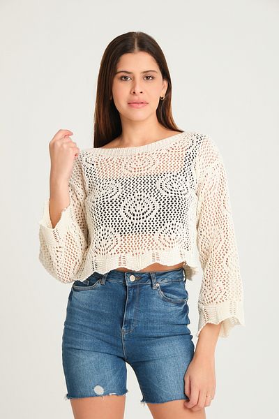 Giyim Dünyası Women's Openwork Boat Neck Crop Sweater Ecru