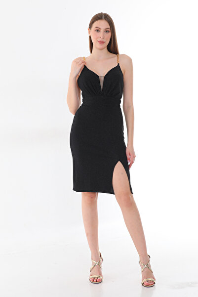 Ayşo Kadın Siyah Zincir Askı Detaylı Simli  Likralı Astarlı Yırtmaçlı Düğün Nişan Söz Abiye Elbise