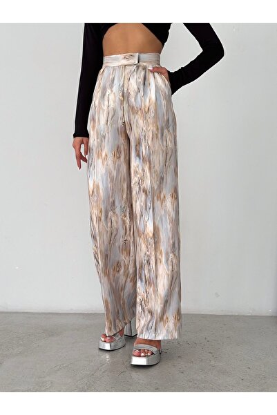 Genel Markalar Ütü Gerektirmeyen Mermer Desen Palazzo Cırtlı Kadın Pantolon
