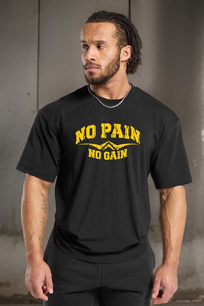 BESSA Ανδρικό αθλητικό μπλουζάκι No Pain No Gain με στάμπα - Oversize Crew Neck Cotton