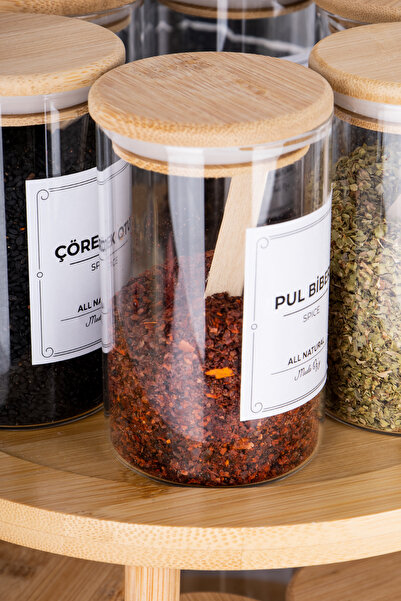 MODA OZY 250ml Capacity 12-Piece Bamboo Rotating Stand Borosilicate Glass Spice Rack - Label Spoon Included