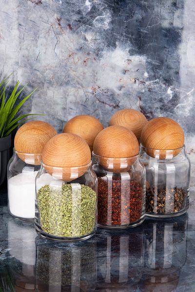 MODA OZY 300 Ml Glass Spice Bowl Snack Bowl Sugar Bowl Set - 6-Piece Wooden Ball Lid