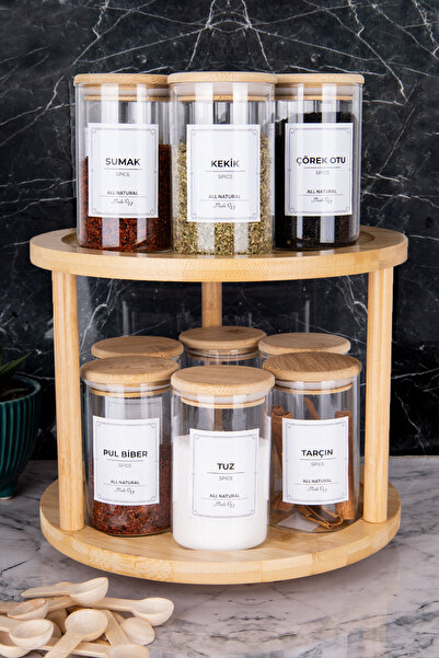 MODA OZY 250ml Capacity 12-Piece Bamboo Rotating Stand Borosilicate Glass Spice Rack - Label Spoon Included