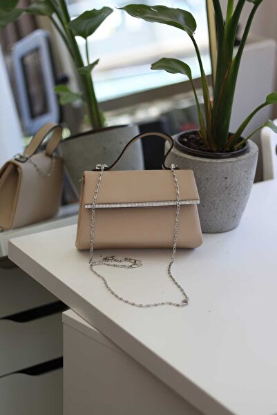 Moom Bag Nude Satin Stone Stripe Detailed Women's Evening Dress Shoulder Bag