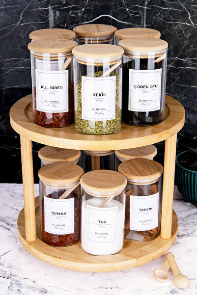MODA OZY 250ml Capacity 12-Piece Bamboo Rotating Stand Borosilicate Glass Spice Rack - Label Spoon Included