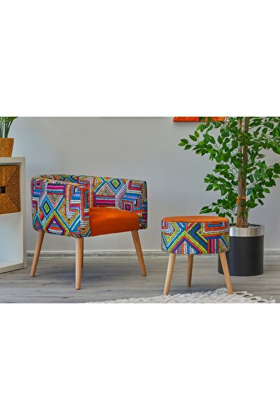 WEBPANYA Milano Çay Seti Renkli Turuncu Tekli Koltuk Berjer Ve Puf Takımı (SALON, BALKON, OFİS) 2 Li Takım