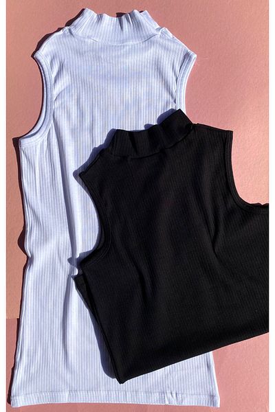Ahmio Set de 2 camisole - Bluză elastică cu jumătate de gât și maieu alb-negru