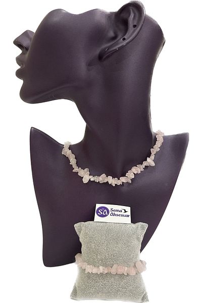 sema aksesuar Pink Quartz Necklace Bracelet Set Natural Stone Jewelry Broken Natural Stone Jewelry 2 Pieces