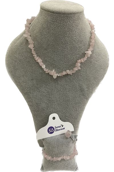 sema aksesuar Pink Quartz Necklace Bracelet Ring Set - Natural Steel Jewelry - Quartz Broken Natural Steel Jewelry Set - Set of 3