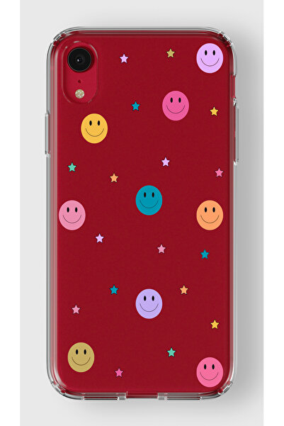 moonset Iphone XR Uyumlu Gülen Yüz ve Yıldızlar Tasarımlı Baskılı Şeffaf Tele...