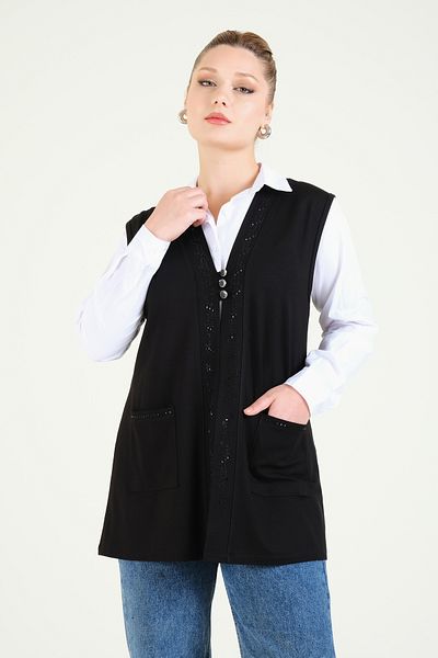 Giyim Dünyası Black Combed Cotton Vest - Women, Three Buttons