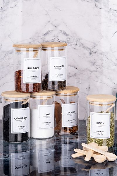 MODA OZY 250 Ml Capacity 6-Piece Bamboo Borosilicate Spice Set - With Vacuum Lid Label