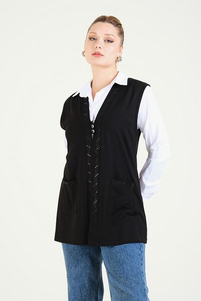 Giyim Dünyası Black Combed Cotton Vest - Women, Three Buttons