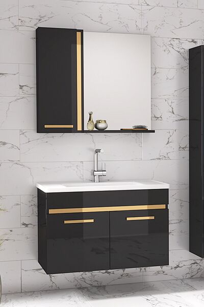 Alfa Banyo Yeni Gold Siyah 80 Cm Ayna Dolaplı Seramik Lavabolu Mdf Banyo Dolabı Seti**hazır Kurulu**