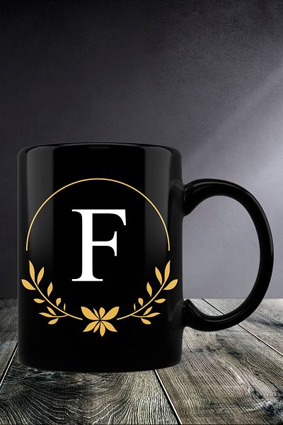 yhfoto كوب بحرف F - كوب أسود * طباعة ثنائية الاتجاه - Sk699