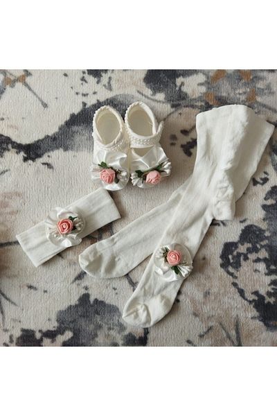 Caprice 100% Cotton Baby Girl Floral Shoes & Headband & Tights Set of 3