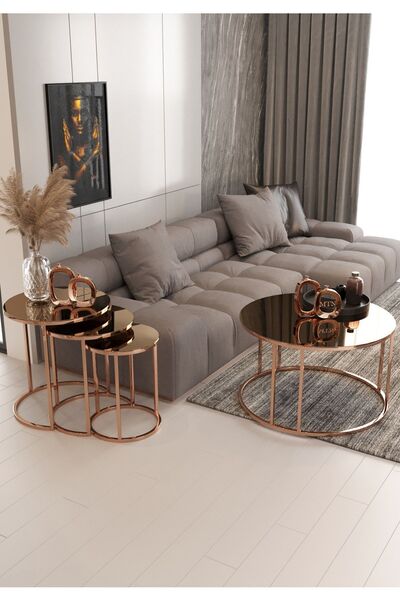 Nies Aksesuar Armoni 4'lü Zigon Ve Orta Sehpa Seti Bronz Ayak Bronz Ayna