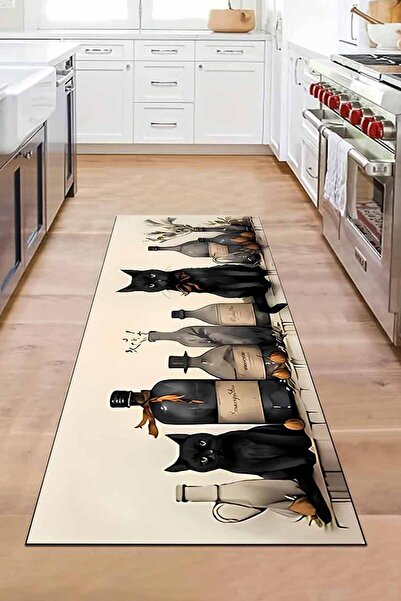 Else Halı Çiçekli Kedi Desenli Tezgah Önü Kaymaz Taban Yıkanabilir Yolluk Mutfak Halısı