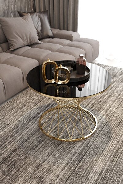 Nies Aksesuar Hasır Telli Orta Sehpa Gold Kaplama Siyah Cam