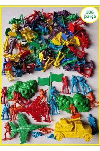 OYUNCAKSAHİLİ Soldier Strategy Game Set 106 Pieces 3 Packs One-Time Commando Airplane Fence Flag Rocks Jip Canoe Toy