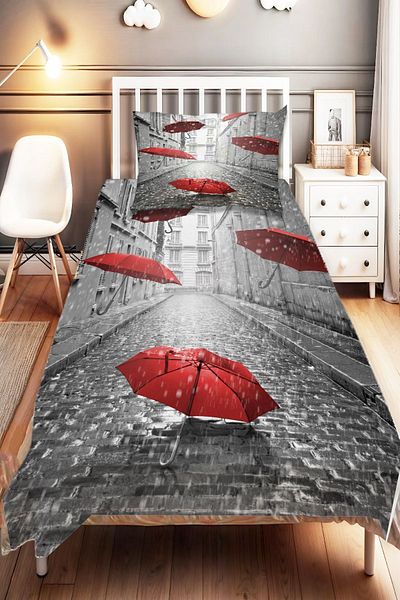 Else Dekor Gray Red Single Umbrella Patterned Digital Printed Bedspread and Pillowcase