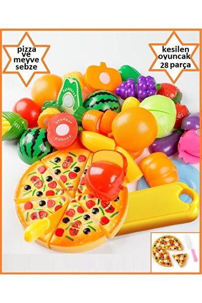 OYUNCAKSAHİLİ Tray Pizza Cut Fruit Vegetable Ice Cream Biscuit with Hot Cutting Board 28 Pieces Dollhouse Toy
