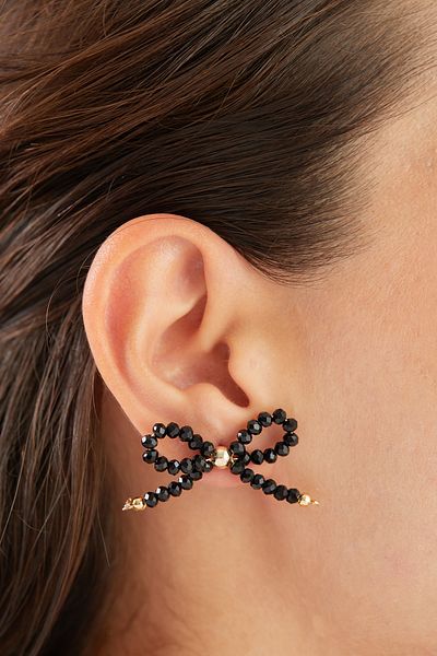Elika Silver BlacK Jewelled Bow Model Earrings