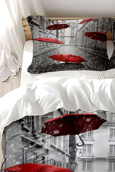 Else Dekor Сіро-червоний візерунок парасольки - Набір постільної білизни з бавовняного сатину з принтом, двоспальний