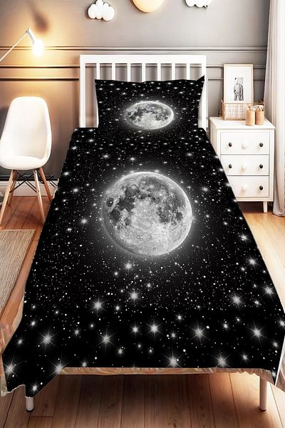 Else Dekor Moon Galaxy Patterned Black Gray Digital Printed Single Children's Bedspread and Pillowcase