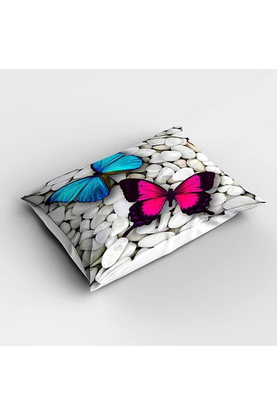 Else Dekor Pink Blue Butterfly Patterned Single Children's Bedspread and Pillowcase