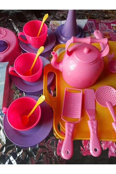 OYUNCAKSAHİLİ 29 Piece Tea Set - Cup Teapot Tray, Household Games Kitchenware with Bag