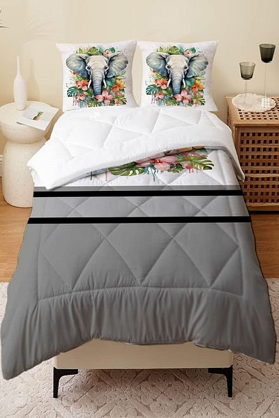 Else Dekor Double Person Microfiber Quilted Sleeping Set - Colorful Elephants Pattern, Quilt Pillow