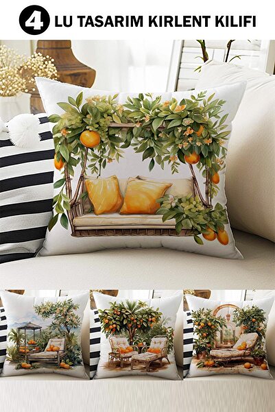 Else Halı 4 lü Set Kırlent Kılıfı Portakal Bahçesi Desenli Dijital Baskılı He...