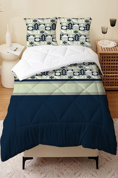 Else Dekor Green Navy Blue Double Person Microfiber Quilted - Wooden Patterned Quilt Pillow Sleeping Set