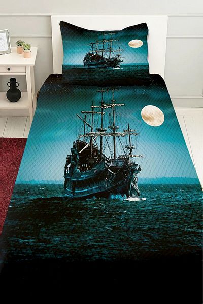 Else Dekor Sea Ship Pattern - Decorative Black Blue Bed Pique Set, Single