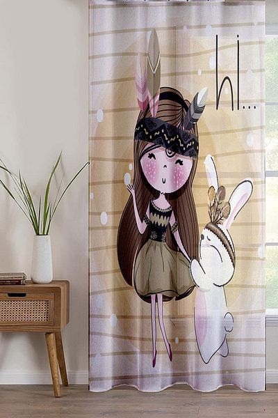 Else Dekor Girl Patterned Rabbit Decorative Children's Baby Room - Single Wing Tulle Curtain